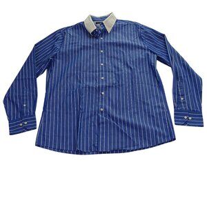 Tommy Hilfiger Mens Blue White Stripe Button Down Collar Shirt Size 16.5 34-35